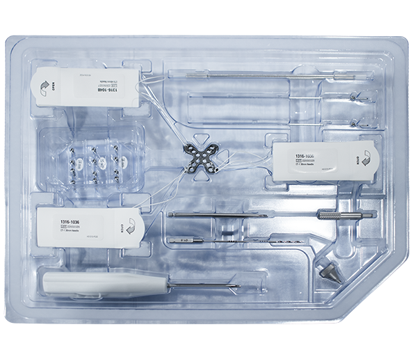 Sealed single-use sterile kit for The Summit™ Patella Plating System, containing plate, screws, sutures and instruments